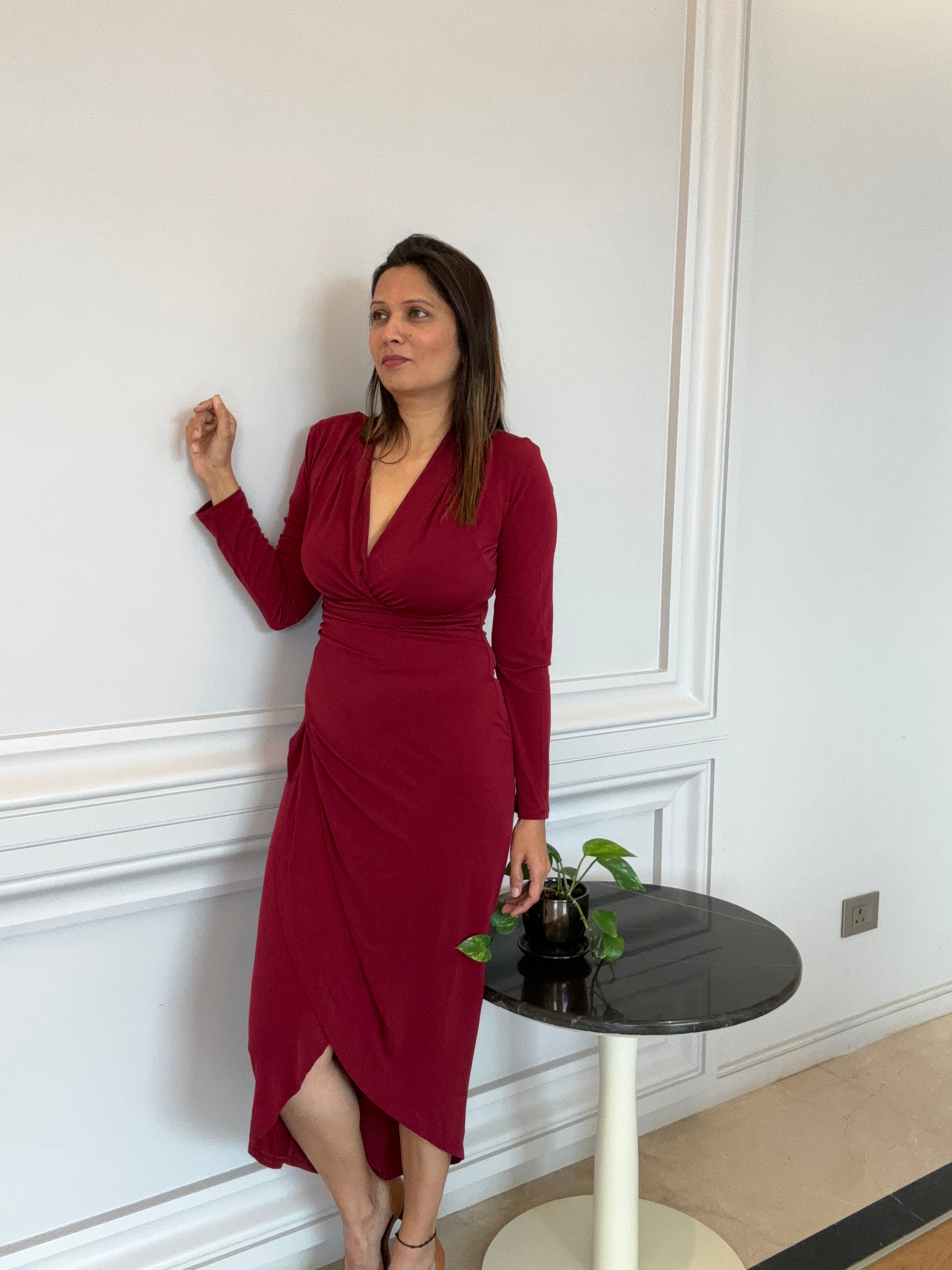 Enchanted Wrap Midi Dress with front slit - Wine Red