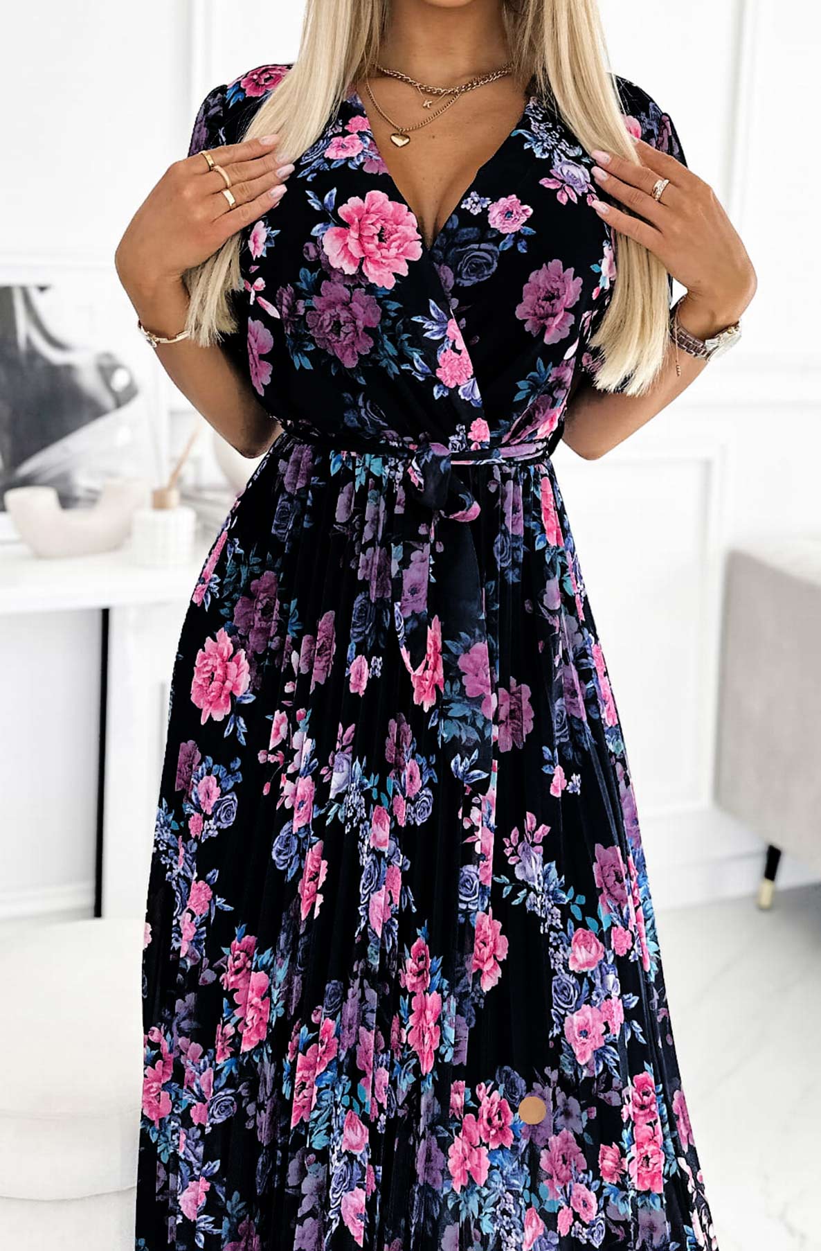 Midnight Elegance Floral Chiffon Dress