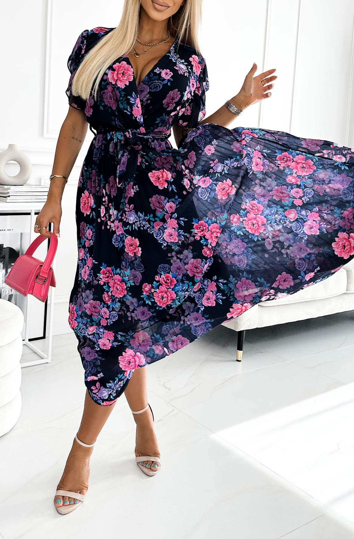 Midnight Elegance Floral Chiffon Dress