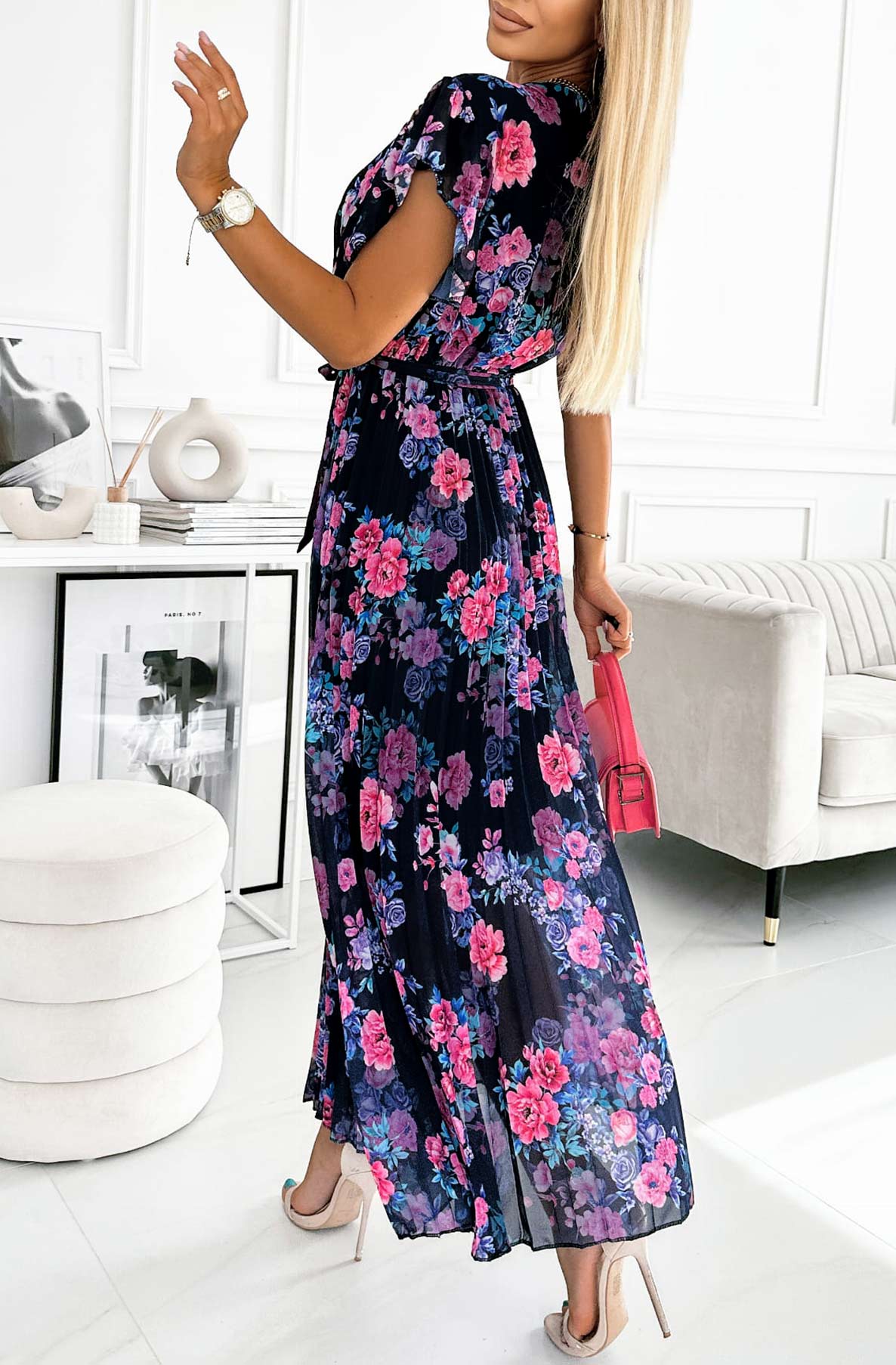 Midnight Elegance Floral Chiffon Dress Back