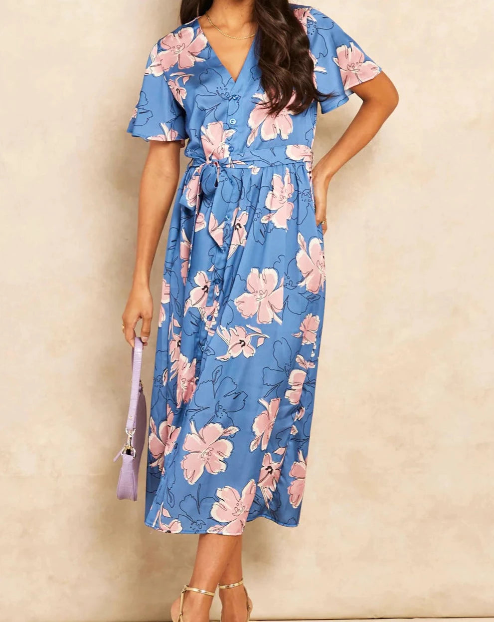 Effortlessly Chic Button-Front Midi Dress - Pink flowers