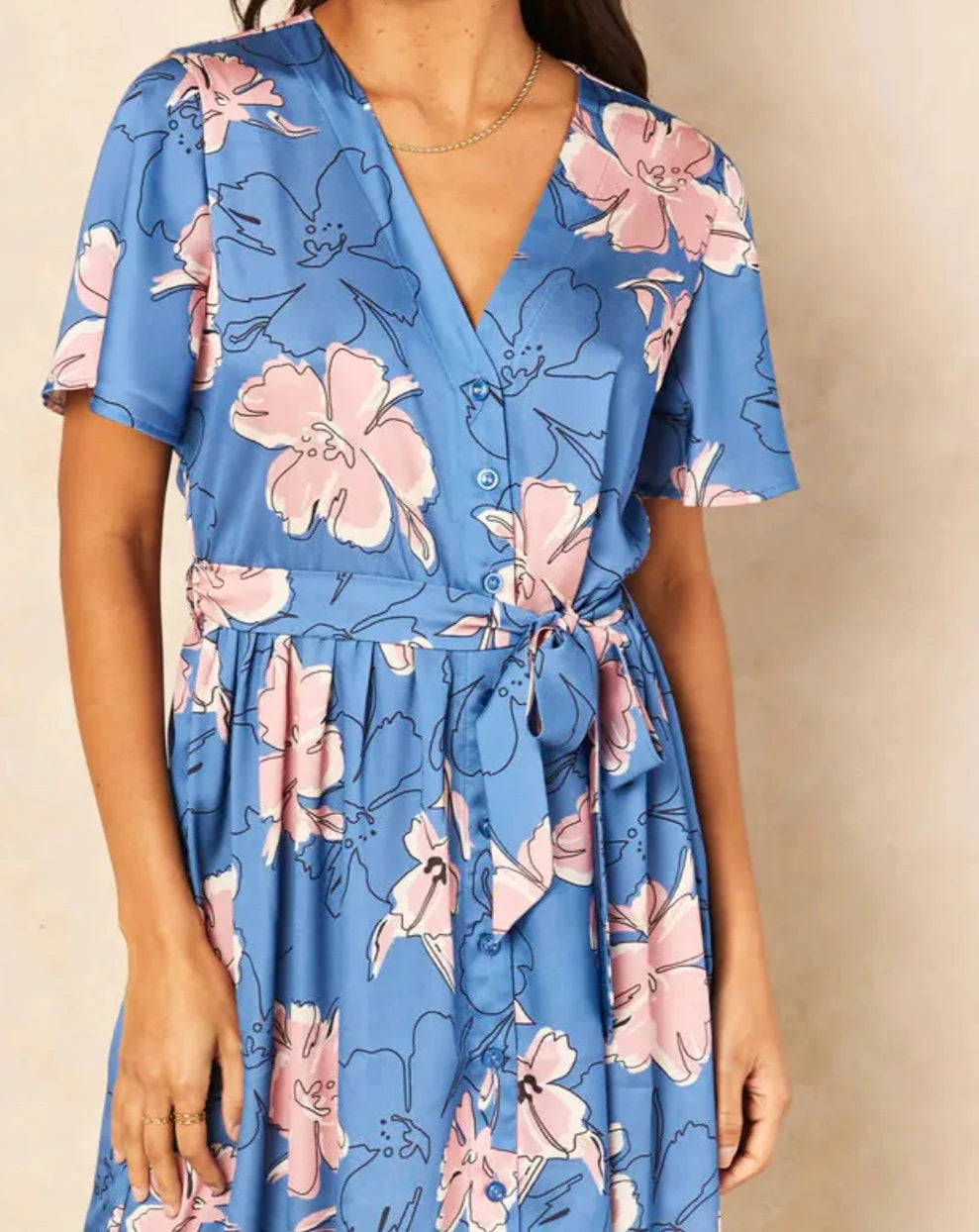 Effortlessly Chic Button-Front Midi Dress - Pink flowers