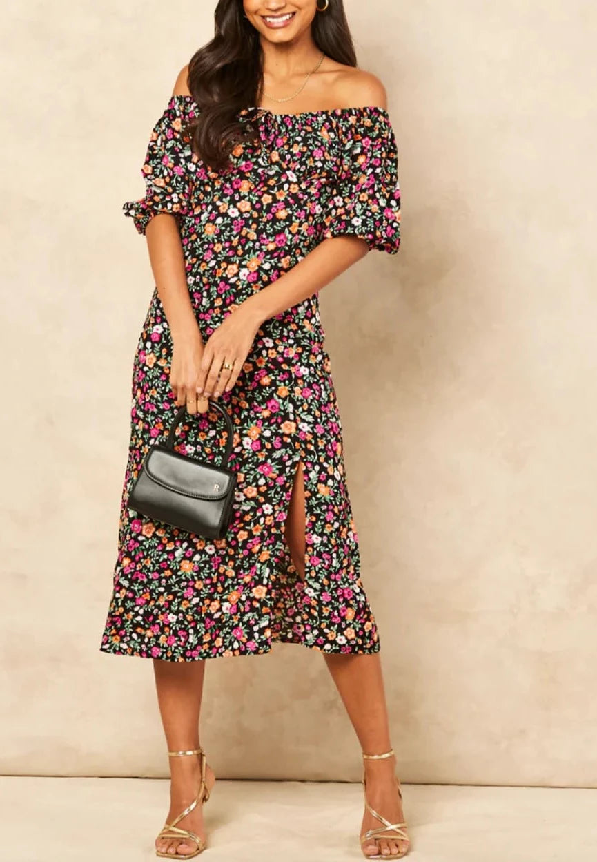 Elegant Flora Bardot Midi Dress in Floral Print