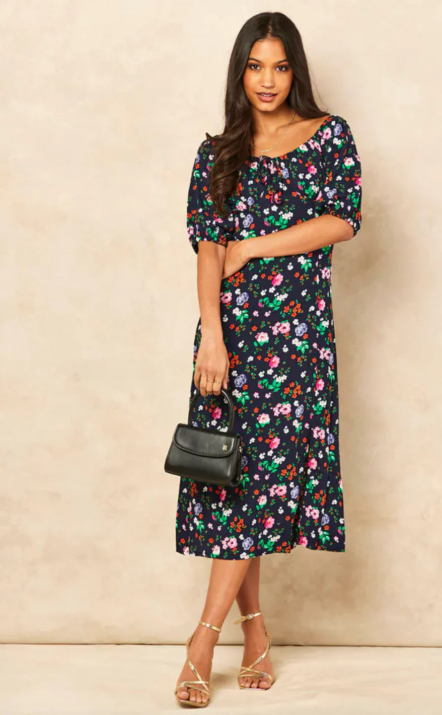 Elegant Flora Bardot Midi Dress in Floral Print