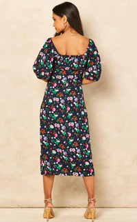 Elegant Flora Bardot Midi Dress in Floral Print