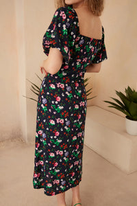 Elegant Flora Bardot Midi Dress in Floral Print