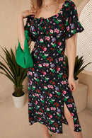 Elegant Flora Bardot Midi Dress in Floral Print