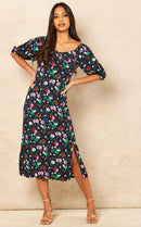 Elegant Flora Bardot Midi Dress in Floral Print