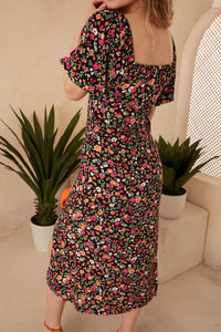 Elegant Flora Bardot Midi Dress in Floral Print