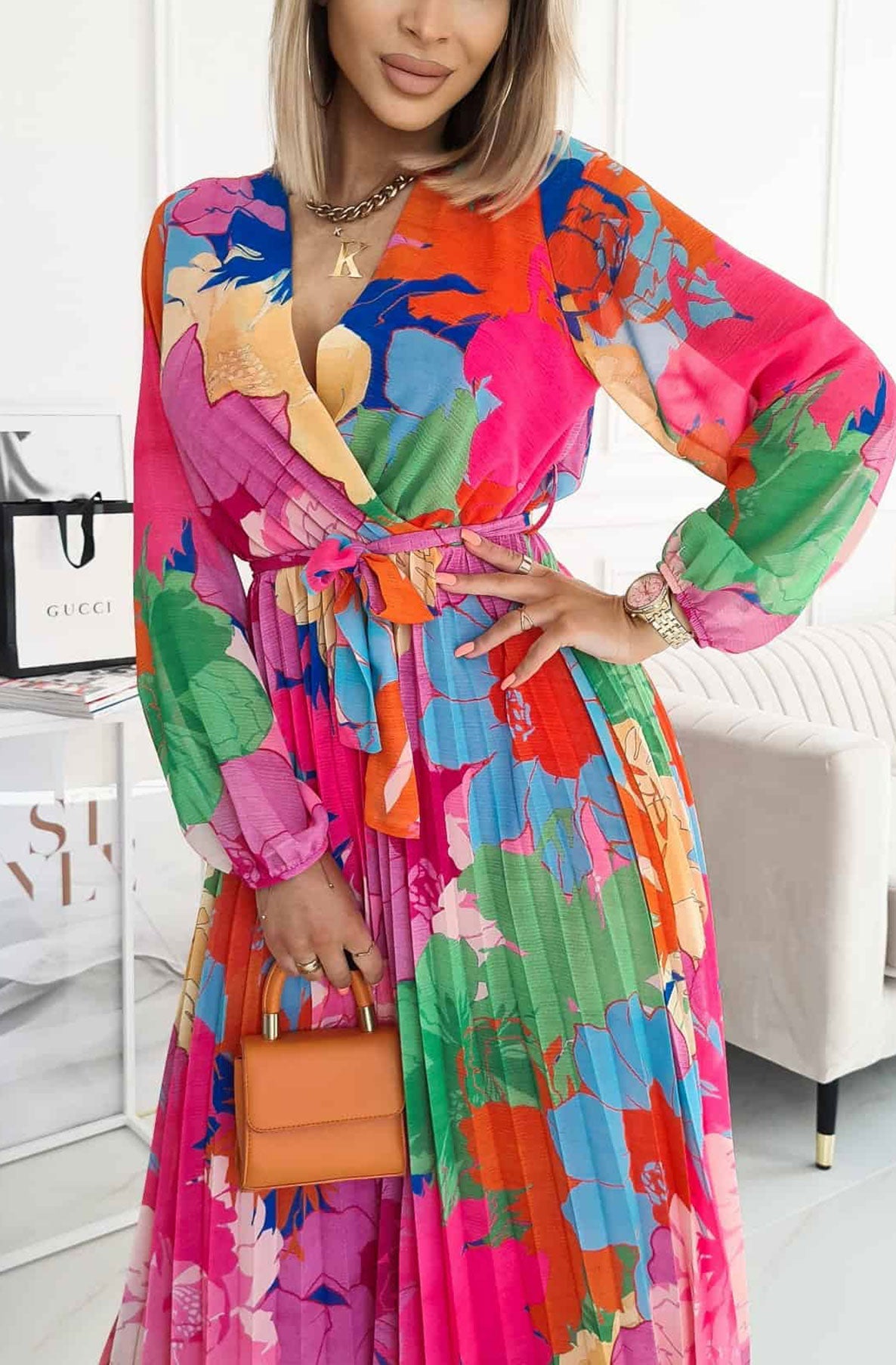 Blossom Breeze Floral Chiffon Pleated Maxi Dress