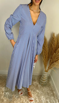 Blue Striped Midi Shirt Dress