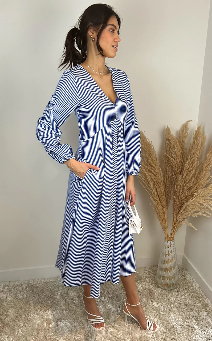 Blue Striped Midi Shirt Dress