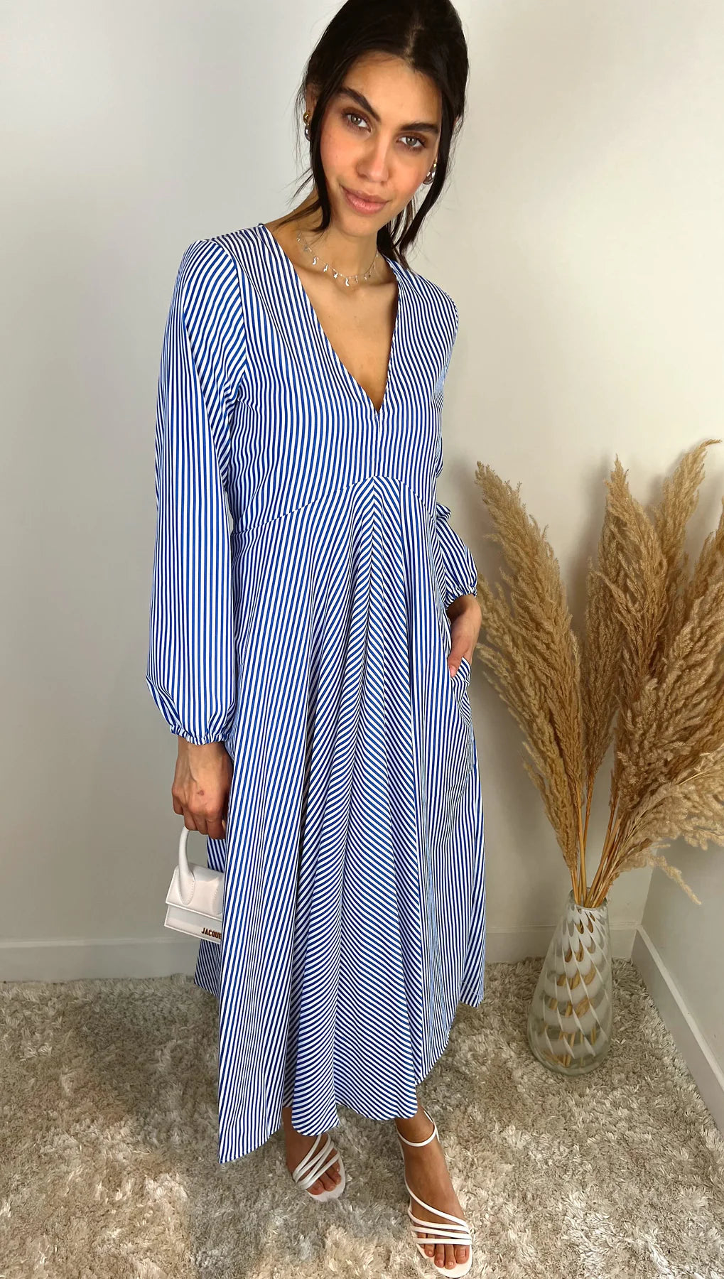 Blue Striped Midi Shirt Dress