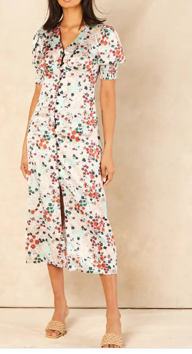 Effortlessly Chic Button-Front Midi Dress in small floral Print - Grey