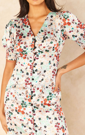 Effortlessly Chic Button-Front Midi Dress in small floral Print - Grey