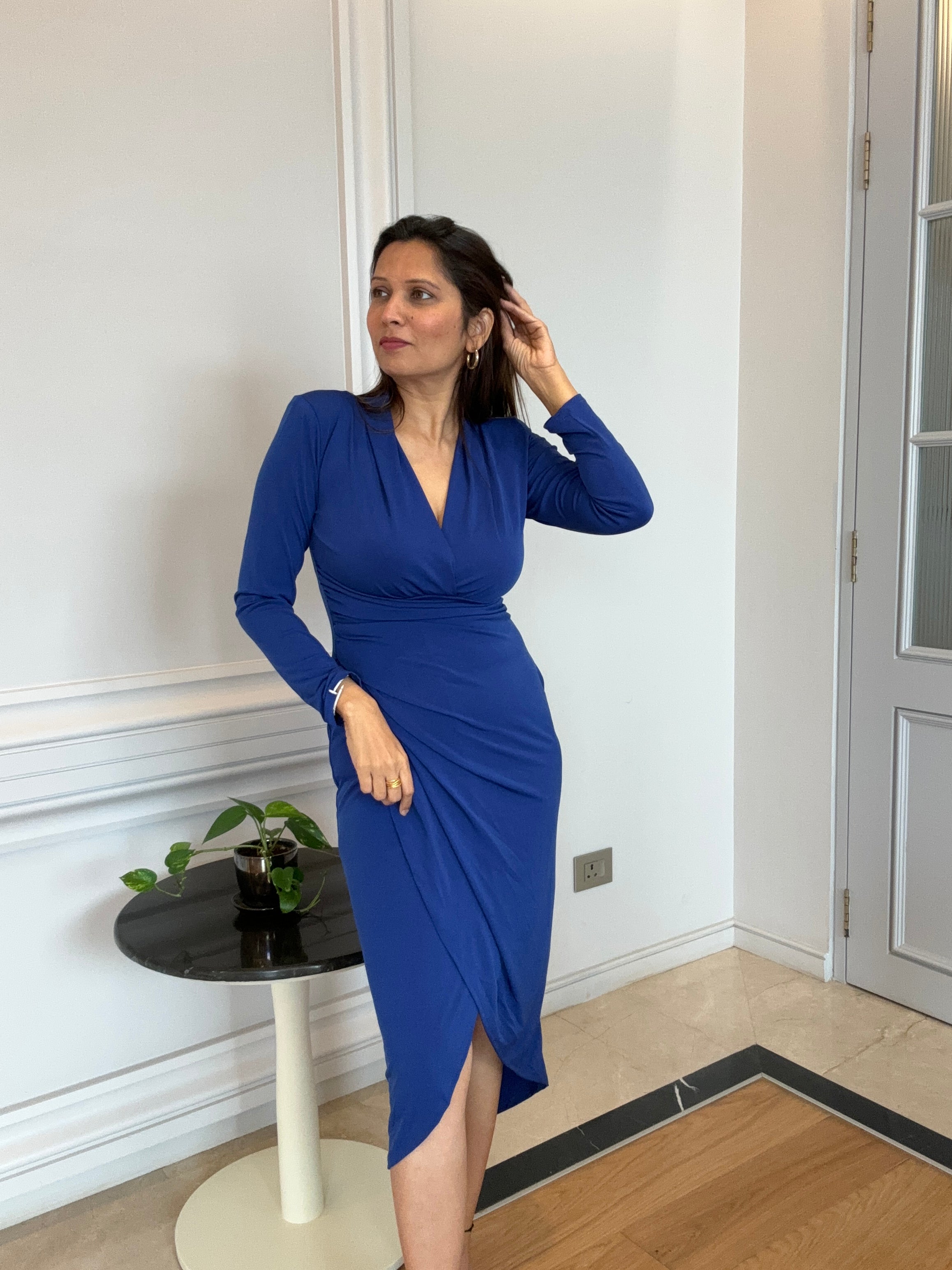 Enchanted Wrap Midi Dress with front slit - Navy