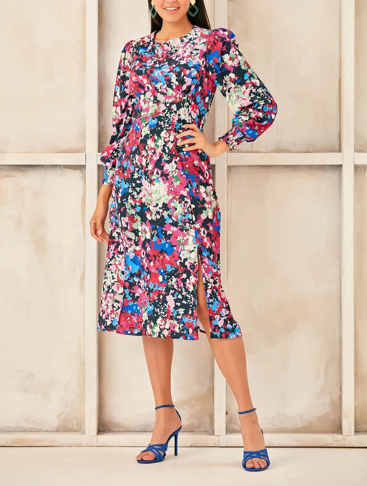 Abstract Elegance Double Slit Midi Dress - Pink and Blue