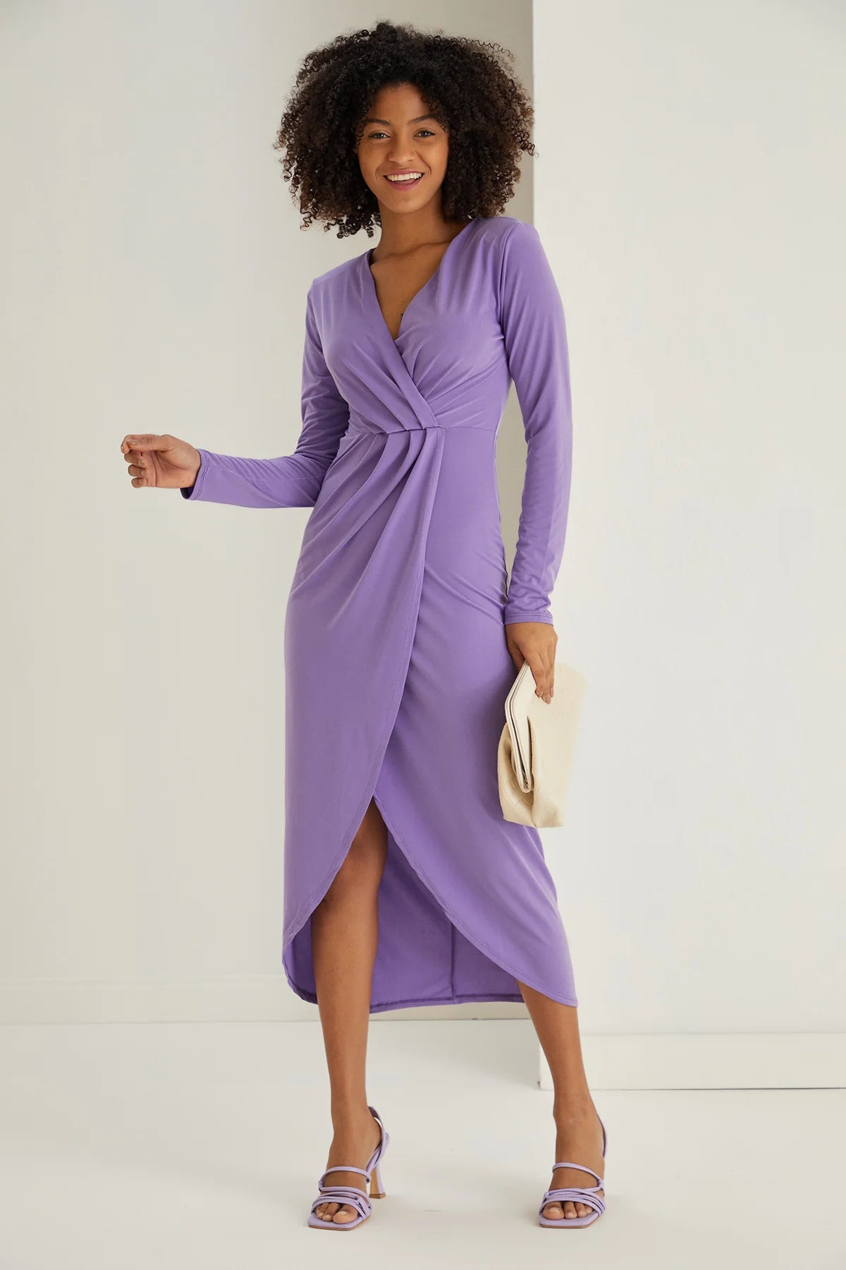 Elegant Cascade Long Sleeve Midi Dress - Lilac