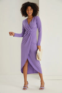 Elegant Cascade Long Sleeve Midi Dress - Lilac