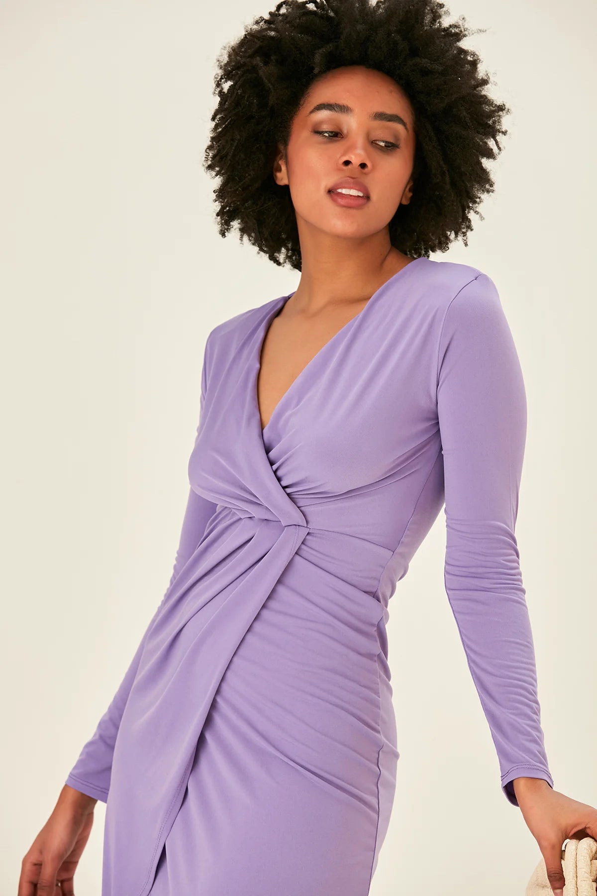 Elegant Cascade Long Sleeve Midi Dress Lilac Greenishpink