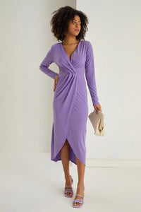 Elegant Cascade Long Sleeve Midi Dress - Lilac