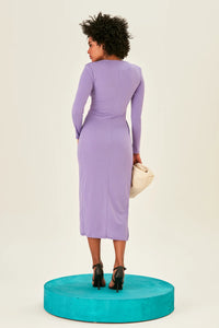 Elegant Cascade Long Sleeve Midi Dress - Lilac