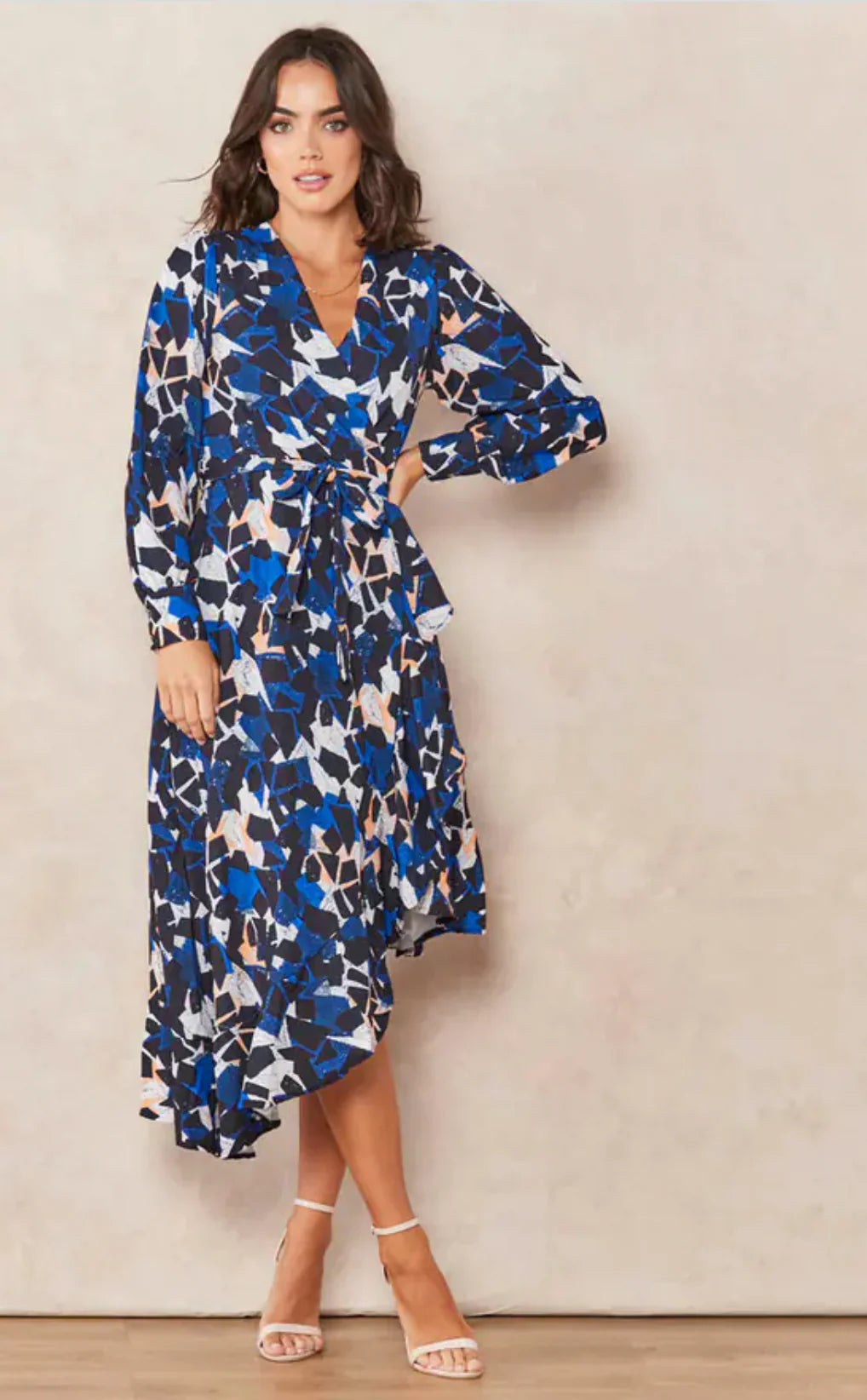Elegant Drapes Asymmetrical Ruffle Hem Wrap Midi Dress - Blue and Black