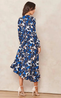 Elegant Drapes Asymmetrical Ruffle Hem Wrap Midi Dress - Blue and Black