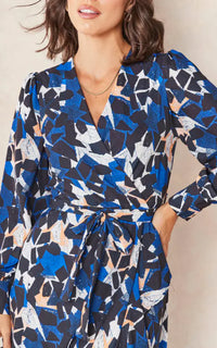 Elegant Drapes Asymmetrical Ruffle Hem Wrap Midi Dress - Blue and Black