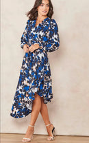 Elegant Drapes Asymmetrical Ruffle Hem Wrap Midi Dress - Blue and Black