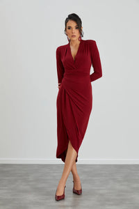 Enchanted Wrap Midi Dress with front slit - Wine Red