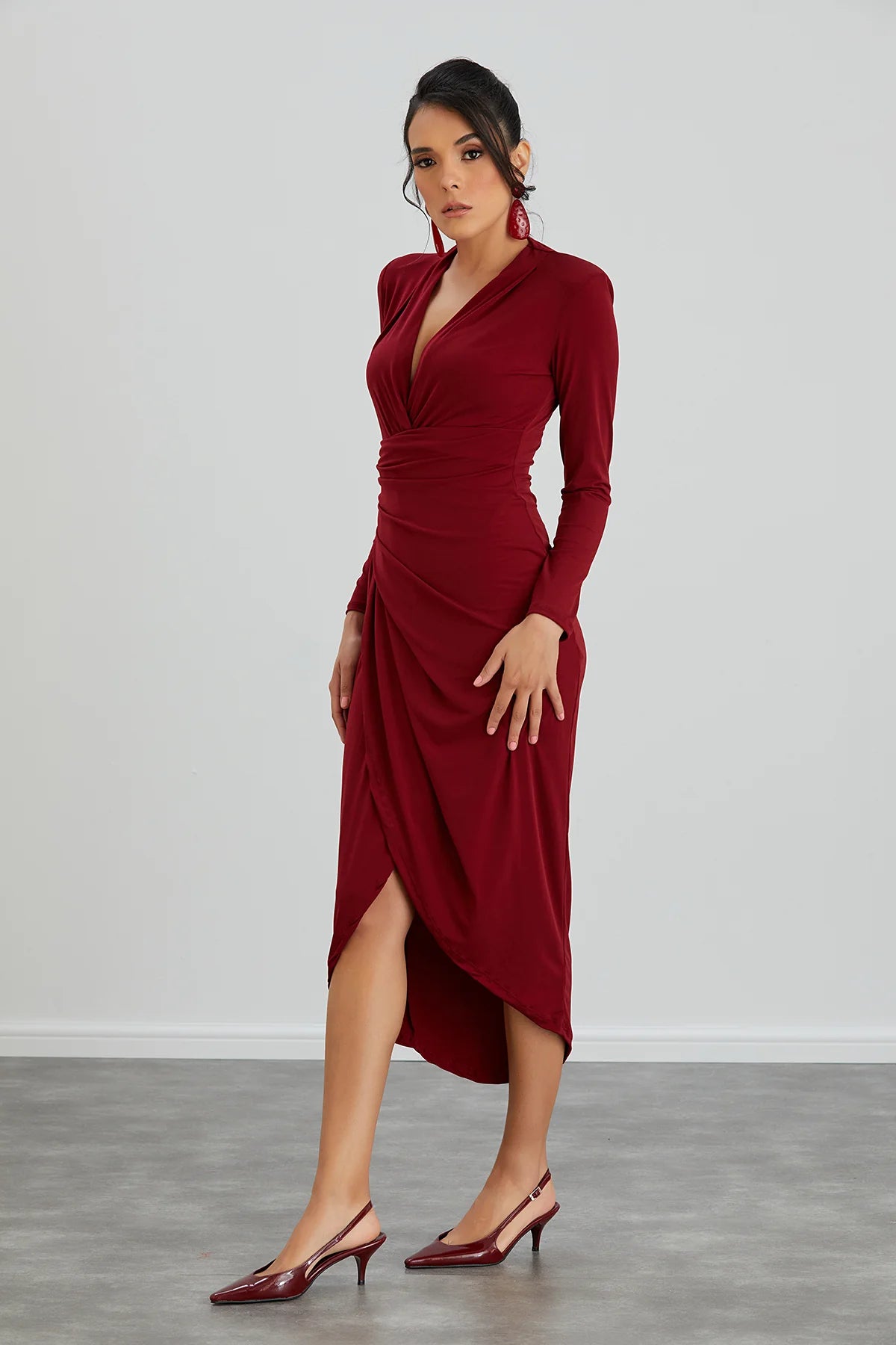 Enchanted Wrap Midi Dress with front slit - Wine Red