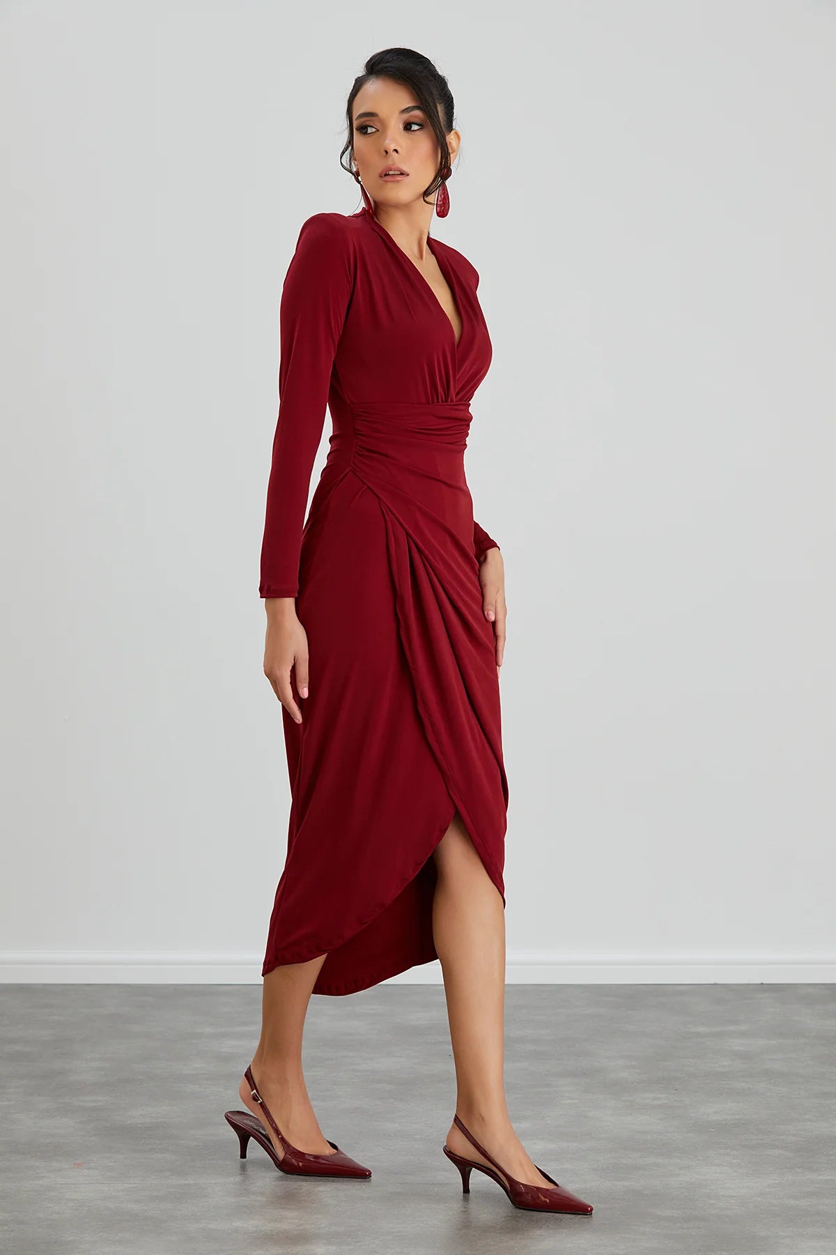 Enchanted Wrap Midi Dress with front slit - Wine Red