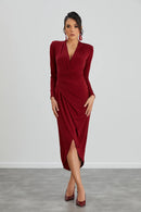 Enchanted Wrap Midi Dress with front slit - Wine Red