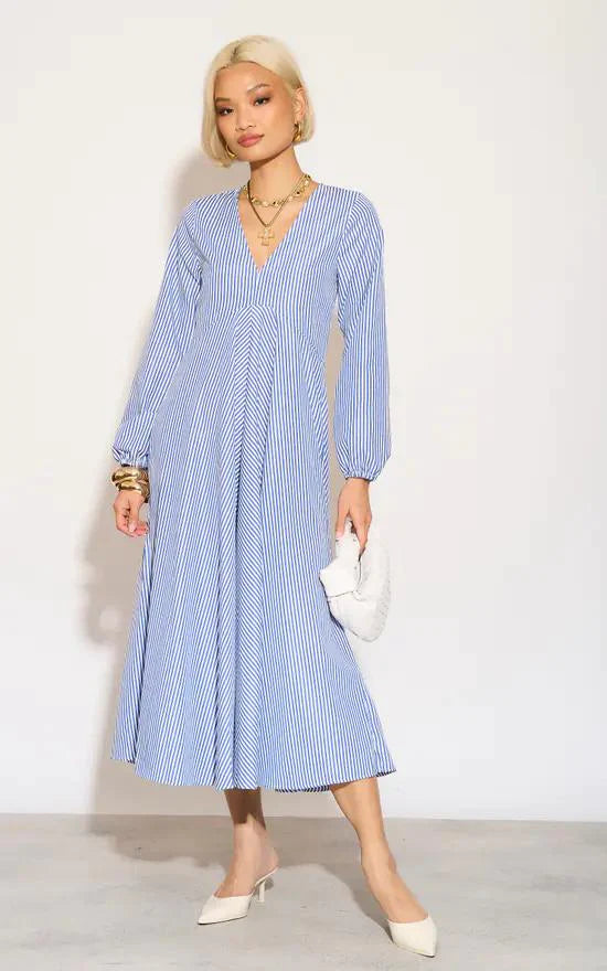 Blue Striped Midi Shirt Dress