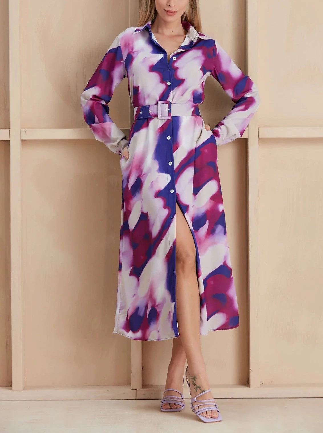 Abstract Elegance Shirt wrap midi belt dress - Purple & Voilet