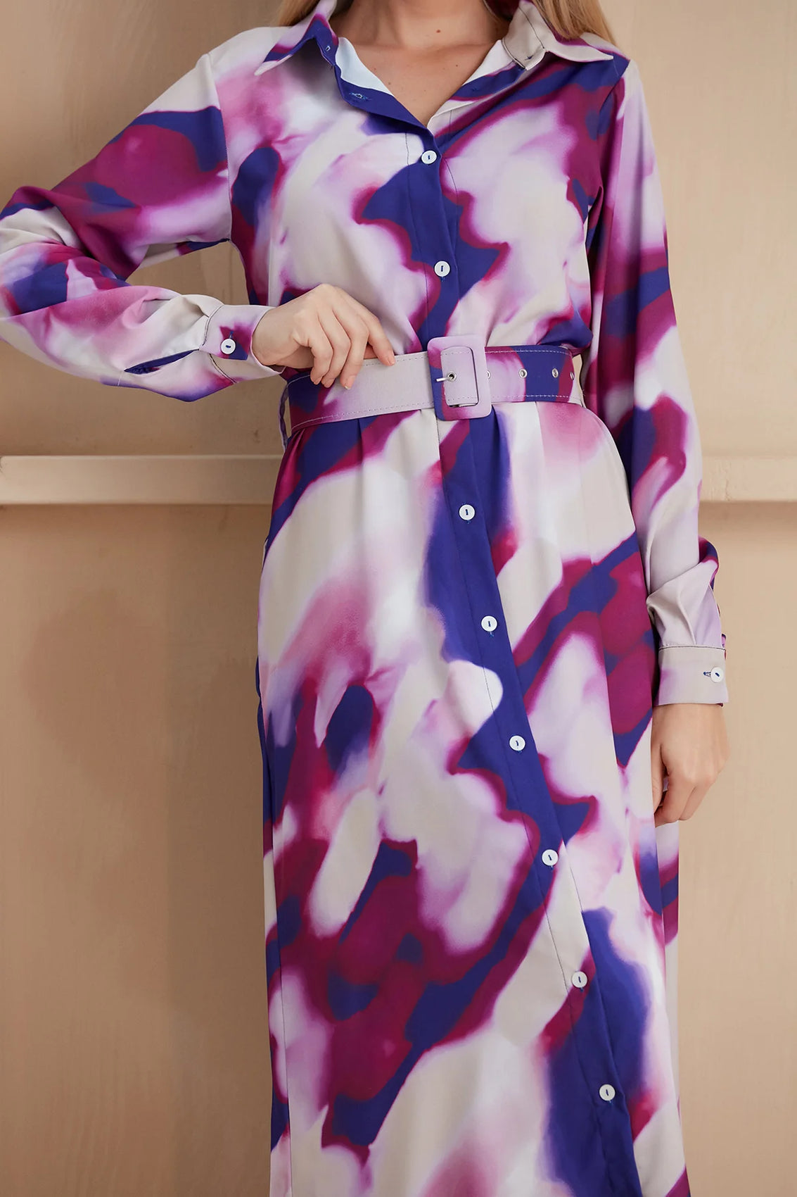 Abstract Elegance Shirt wrap midi belt dress - Purple & Voilet