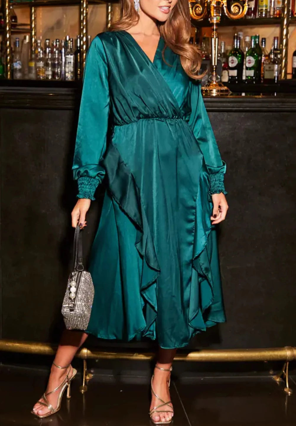 Enchanting Double Slit Frill Silk Midi Dress - Party collection