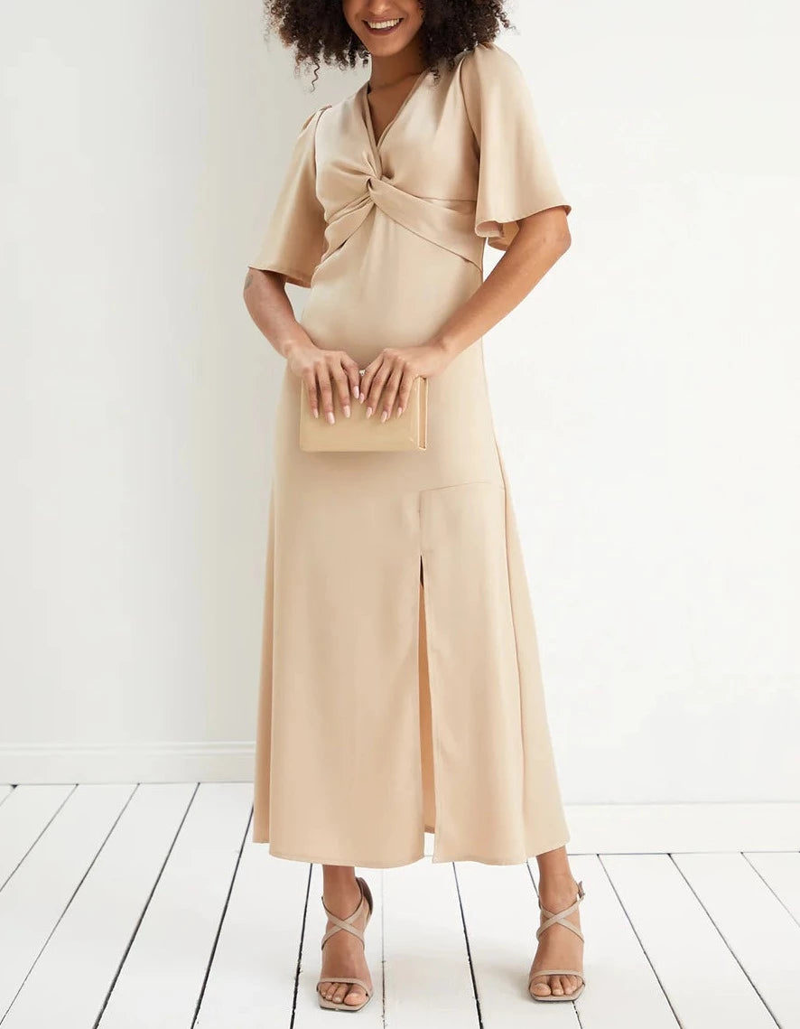 Twist Satin Midi Dress in Beige - Flowy sleeves