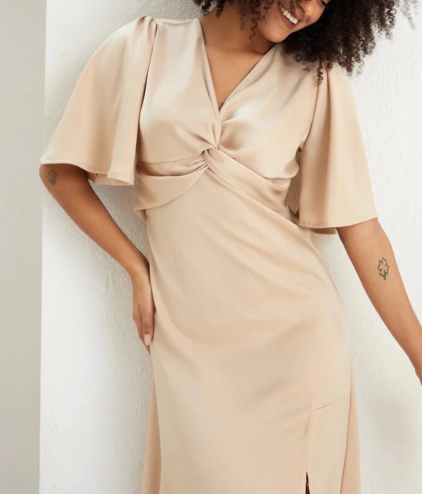 Twist Satin Midi Dress in Beige - Flowy sleeves