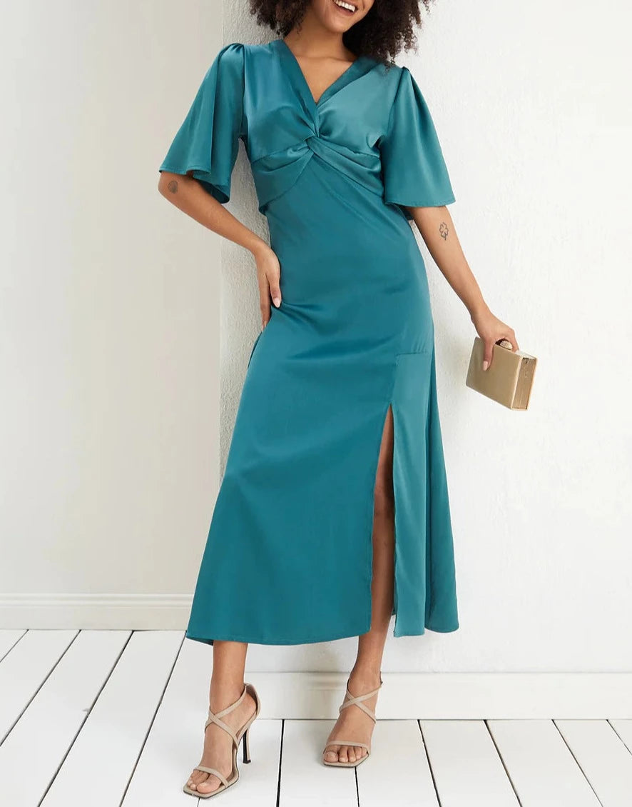 Twist Satin Midi Dress in Lime Green - Flowy sleeves