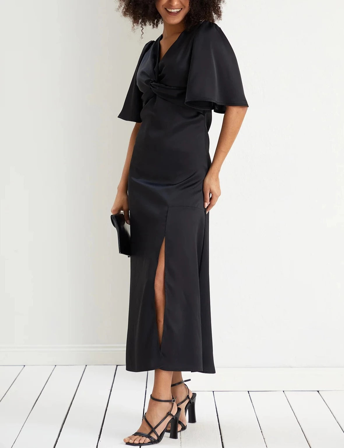 Twist Satin Midi Dress in Black - Flowy sleeves